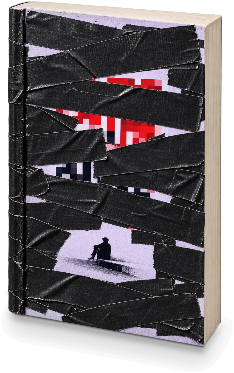 El libro de TíoCharly, con la tapa cubierta de cinta americana negra y el título pixelado